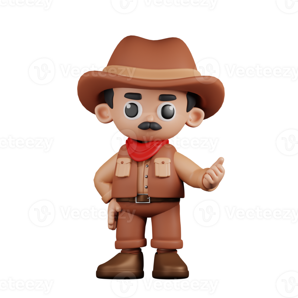 3d personnage cow-boy montrer du doigt suivant pose. 3d rendre isolé sur transparent toile de fond. png