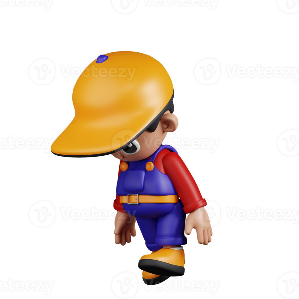 3d Character Mechanic Tired Walk Pose. 3d render isolated on transparent backdrop. png