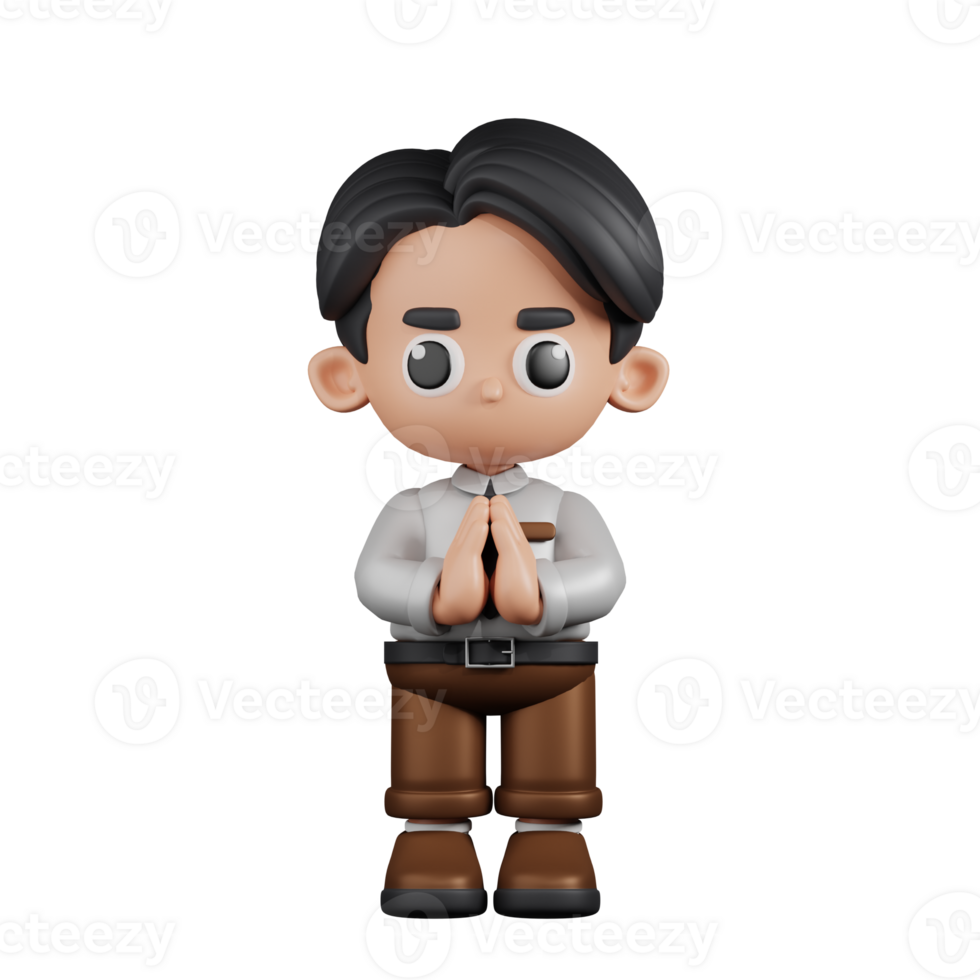 3d Character Businessman Apologizing Pose. 3d render isolated on transparent backdrop. png