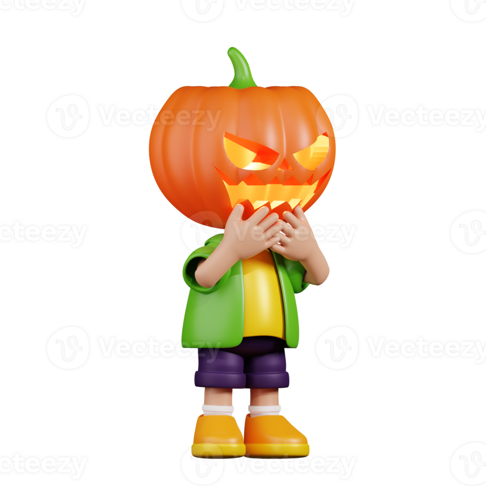 3d Character Pumpkin Affraid Pose. 3d render isolated on transparent backdrop. png