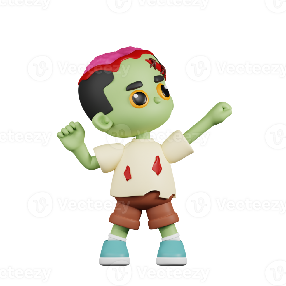 3d Character Zombie Looking Victorious Pose. 3d render isolated on transparent backdrop. png