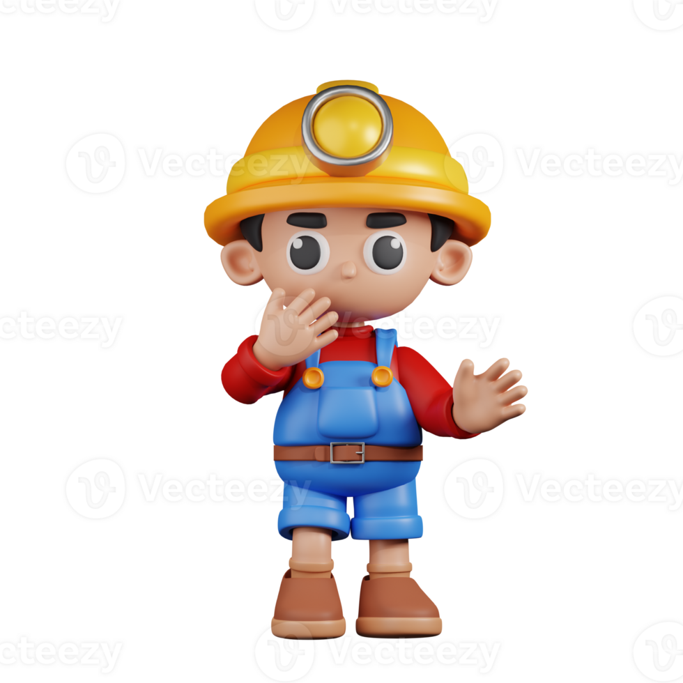 3d Character Miner Surprised Pose. 3d render isolated on transparent backdrop. png