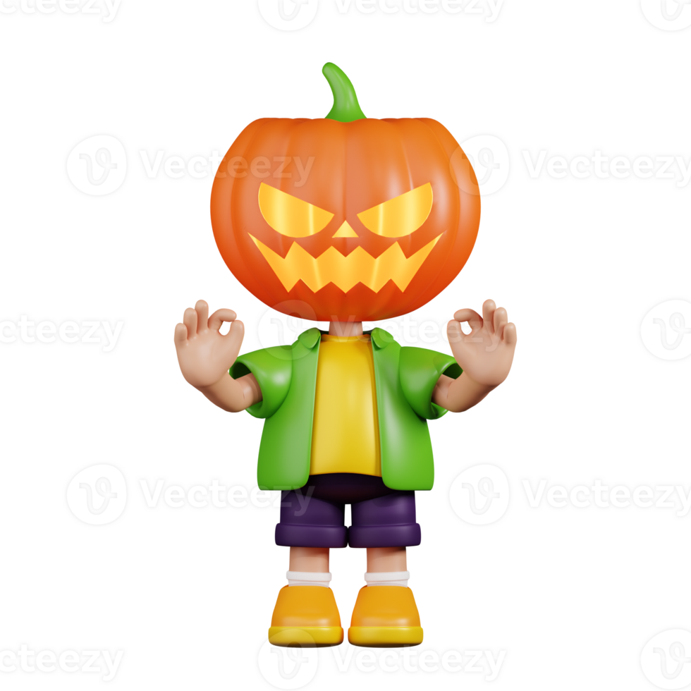 3d Character Pumpkin Giving Ok Hand Gesture Pose. 3d render isolated on transparent backdrop. png