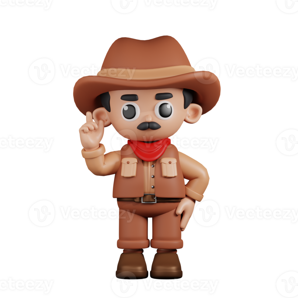 3d Character Cowboy Pointing Up Pose. 3d render isolated on transparent backdrop. png