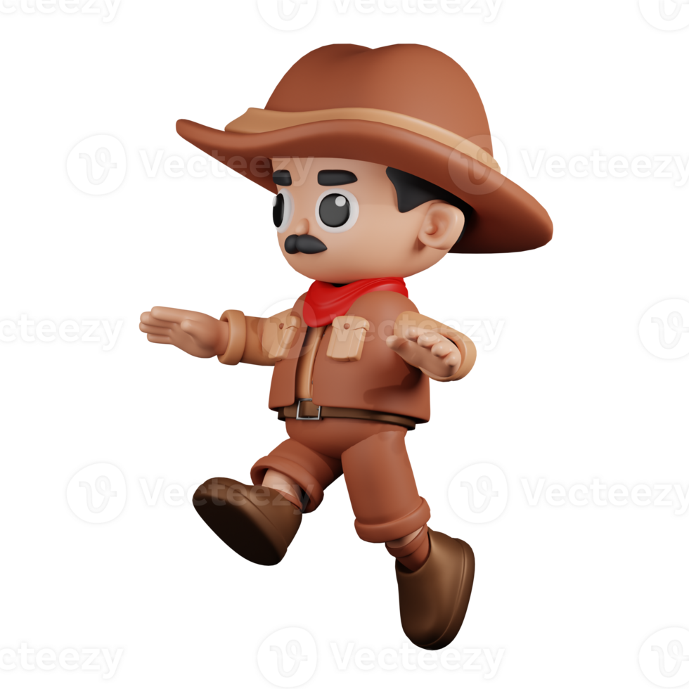 3d Character Cowboy Jumping Pose. 3d render isolated on transparent backdrop. png