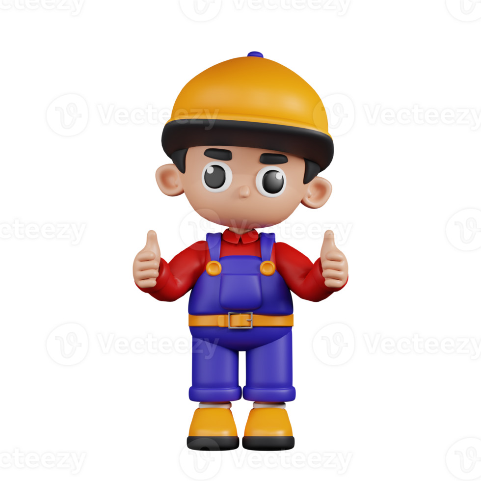 3d Character Mechanic Giving A Thumb Up Pose. 3d render isolated on transparent backdrop. png