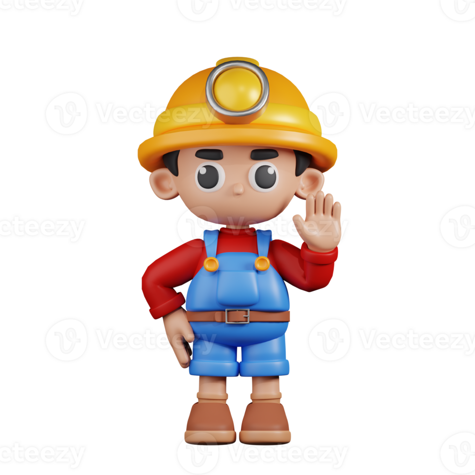 3d Character Miner Hands Up Pose. 3d render isolated on transparent backdrop. png
