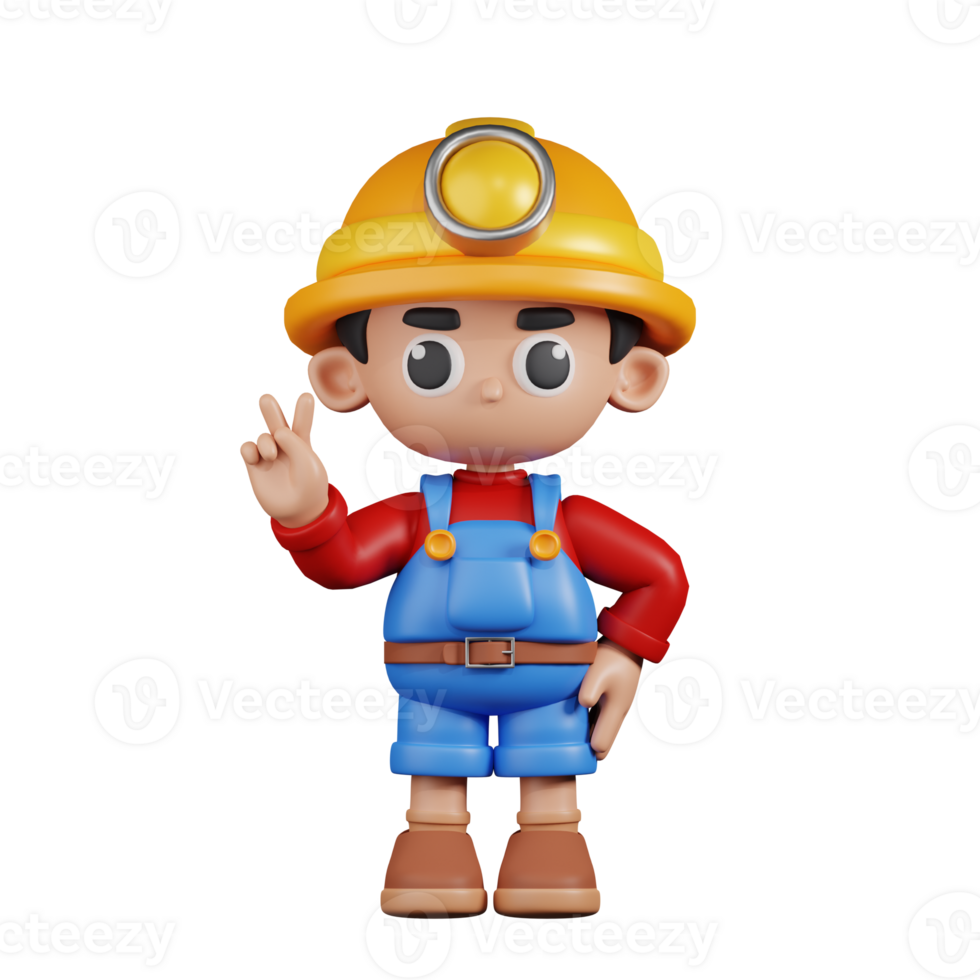 3d Character Miner Showing Peace Sign Pose. 3d render isolated on transparent backdrop. png