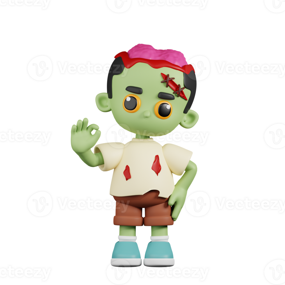 3d Character Zombie Giving Ok Sign Pose. 3d render isolated on transparent backdrop. png