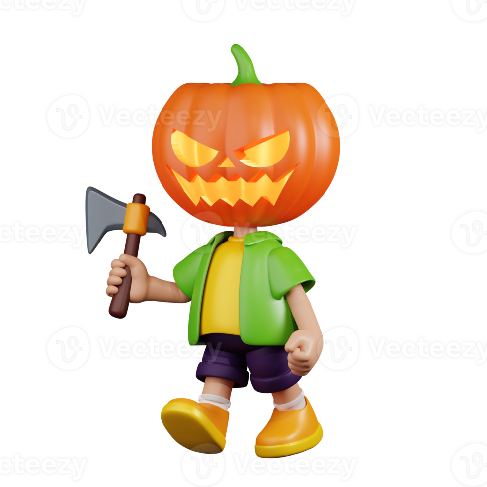3d Character Pumpkin Holding A Big Axe Pose. 3d render isolated on transparent backdrop. png
