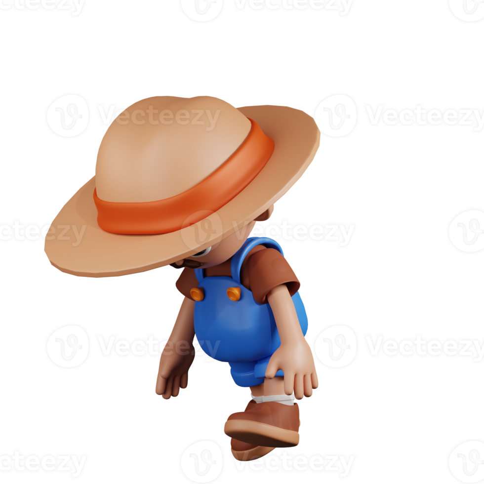 3d personagem agricultor cansado andar pose. 3d render isolado em transparente pano de fundo. png