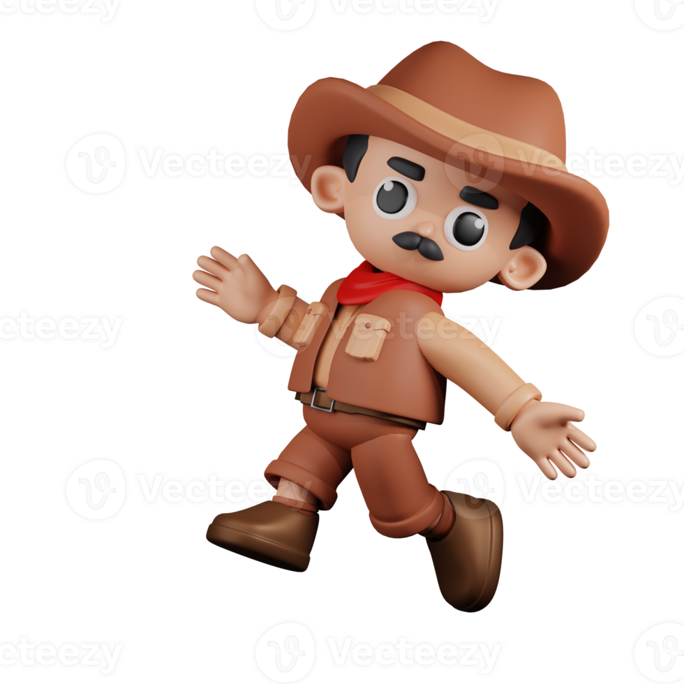 3d Character Cowboy Happy Jumping Pose. 3d render isolated on transparent backdrop. png