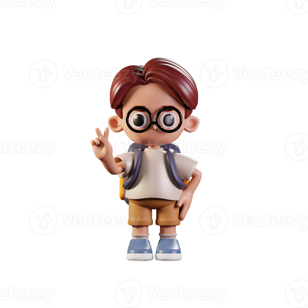 3d Character Student Showing Peace Sign Pose. 3d render isolated on transparent backdrop. png