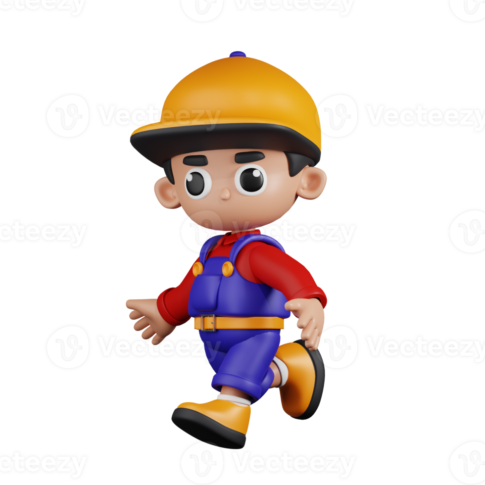 3d Character Mechanic Running Pose. 3d render isolated on transparent backdrop. png