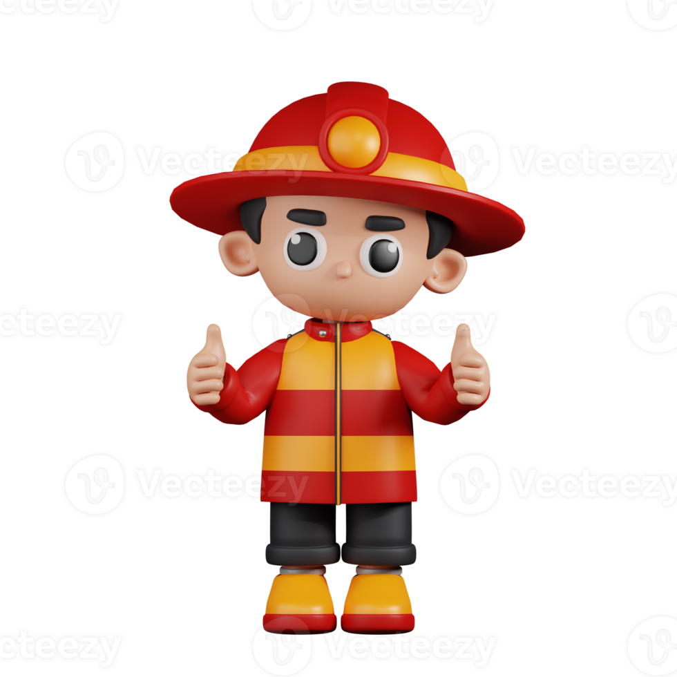 3d Character Firefighter Giving A Thumb Up Pose. 3d render isolated on transparent backdrop. png