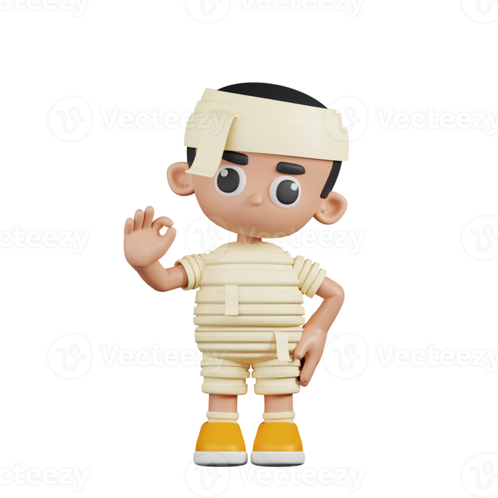 3d Character Mummy Giving Ok Sign Pose. 3d render isolated on transparent backdrop. png