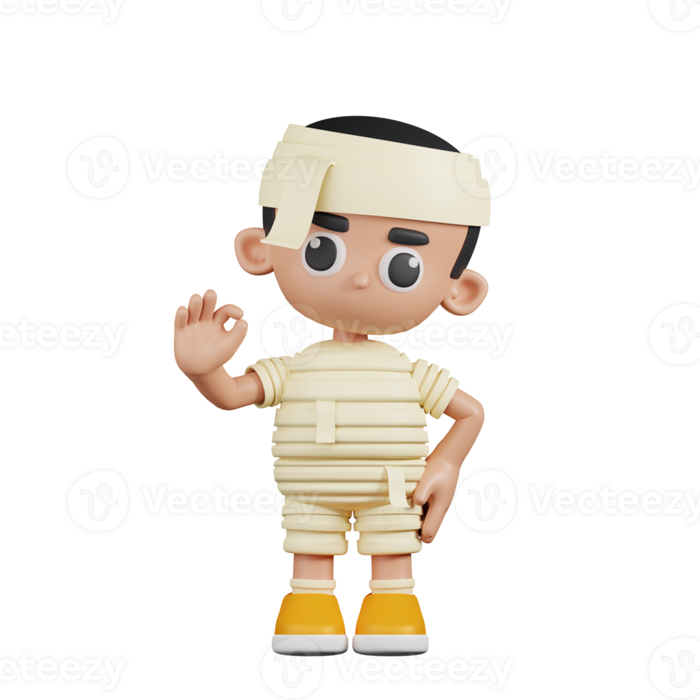 3d Character Mummy Giving Ok Sign Pose. 3d render isolated on transparent backdrop. png