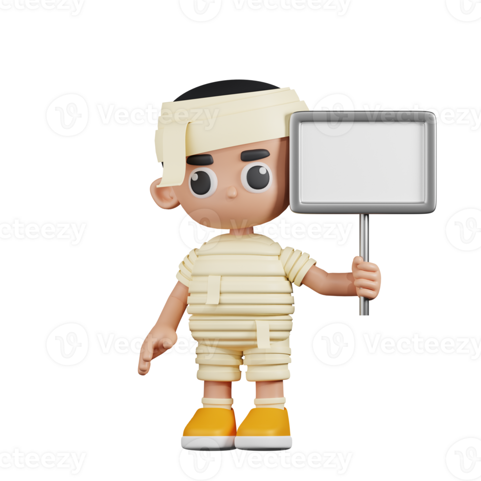 3d Character Mummy With White Paper Sign Pose. 3d render isolated on transparent backdrop. png