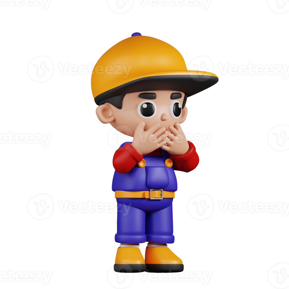 3d Character Mechanic Afraid Pose. 3d render isolated on transparent backdrop. png