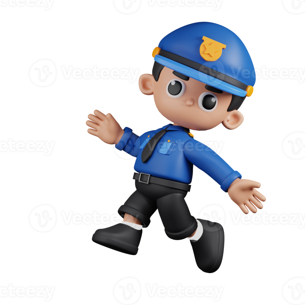 3d Character Policeman Happy Jumping Pose. 3d render isolated on transparent backdrop. png