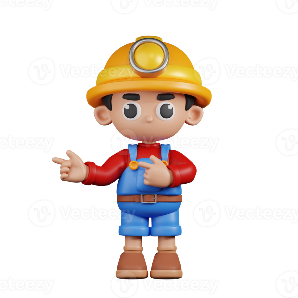 3d Character Miner Pointing Fingers In Direction Pose. 3d render isolated on transparent backdrop. png