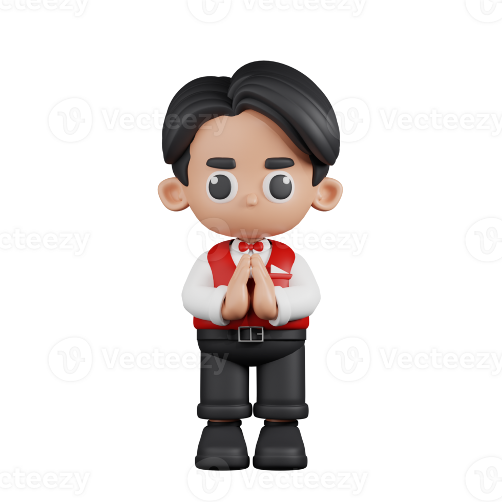 3d Character Waitress Apologizing Pose. 3d render isolated on transparent backdrop. png
