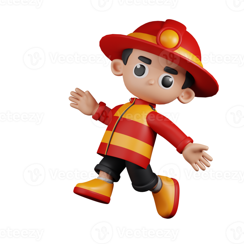 3d Character Firefighter Happy Jumping Pose. 3d render isolated on transparent backdrop. png
