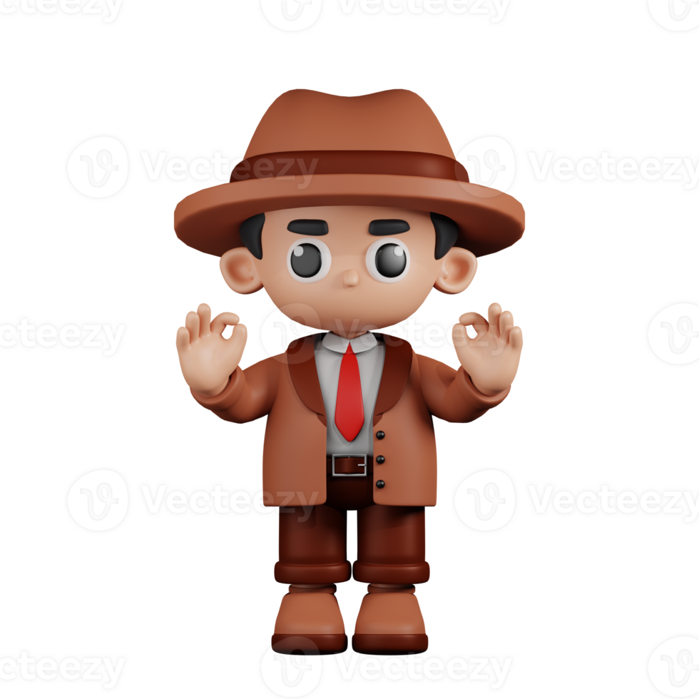 3d Character Detective Giving Ok Hand Gesture Pose. 3d render isolated on transparent backdrop. png