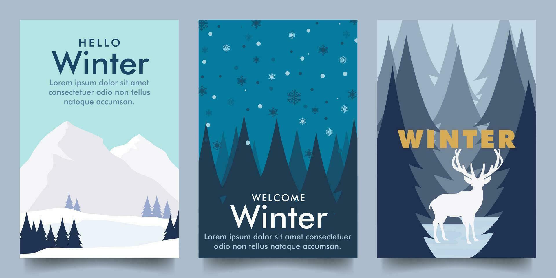 simple minimalist cold winter vector design illustration background with snow mountain, forest and deer theme design. for banner, poster, social media, promotion