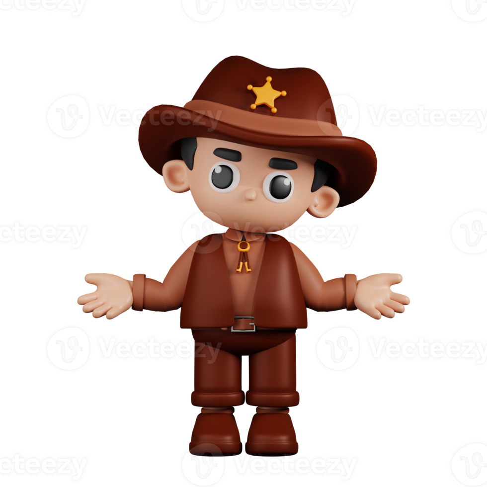3d Character Sheriff Doing The No Idea Pose. 3d render isolated on transparent backdrop. png