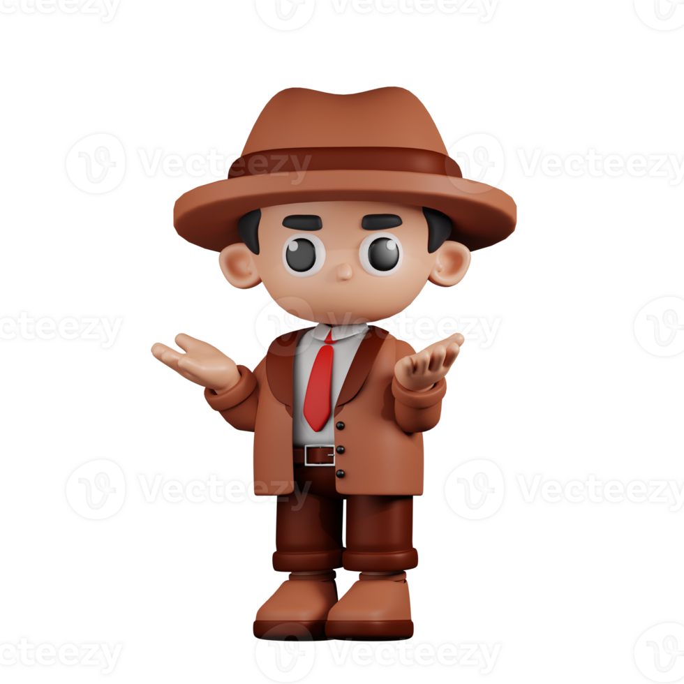 3d Character Detective Confused Pose. 3d render isolated on transparent backdrop. png