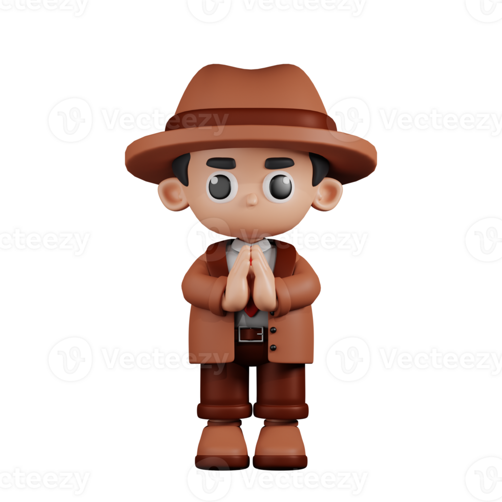 3d Character Detective Apologizing Pose. 3d render isolated on transparent backdrop. png