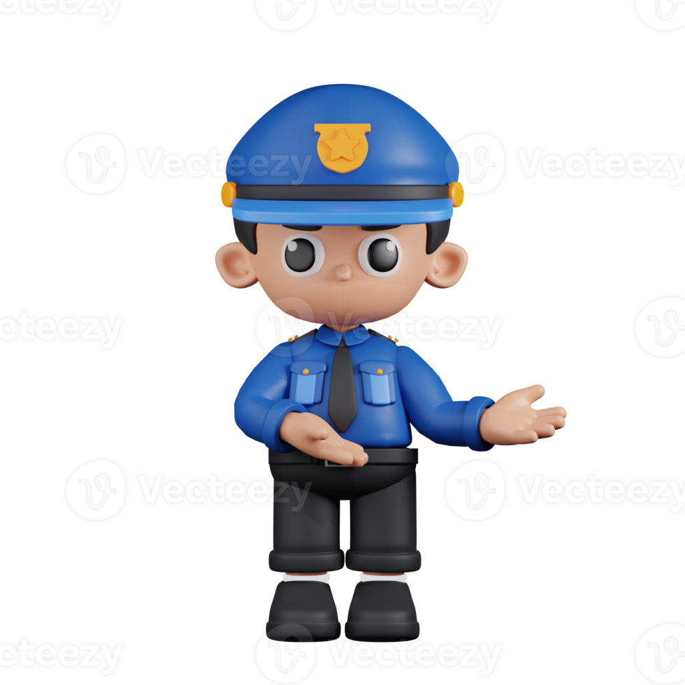 3d Character Policeman Pointing To Something Pose. 3d render isolated on transparent backdrop. png