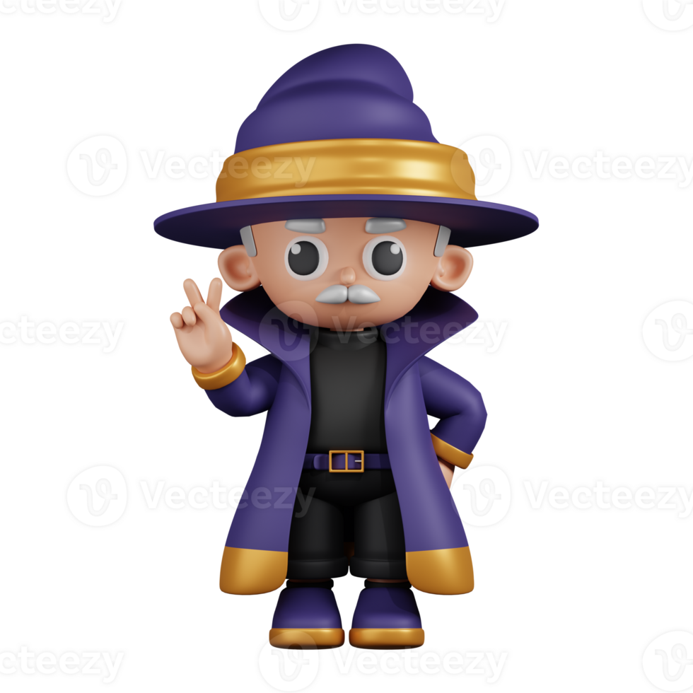 3d Character Wizard Showing Peace Sign Pose. 3d render isolated on transparent backdrop. png
