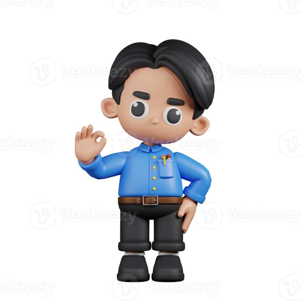 3d Character Teacher Giving Ok Sign Pose. 3d render isolated on transparent backdrop. png