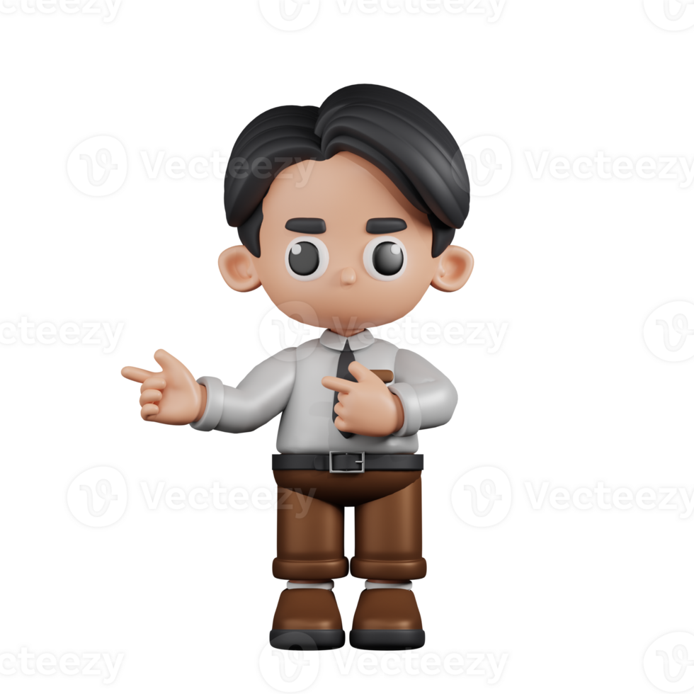 3d Character Businessman Pointing Fingers In Direction Pose. 3d render isolated on transparent backdrop. png
