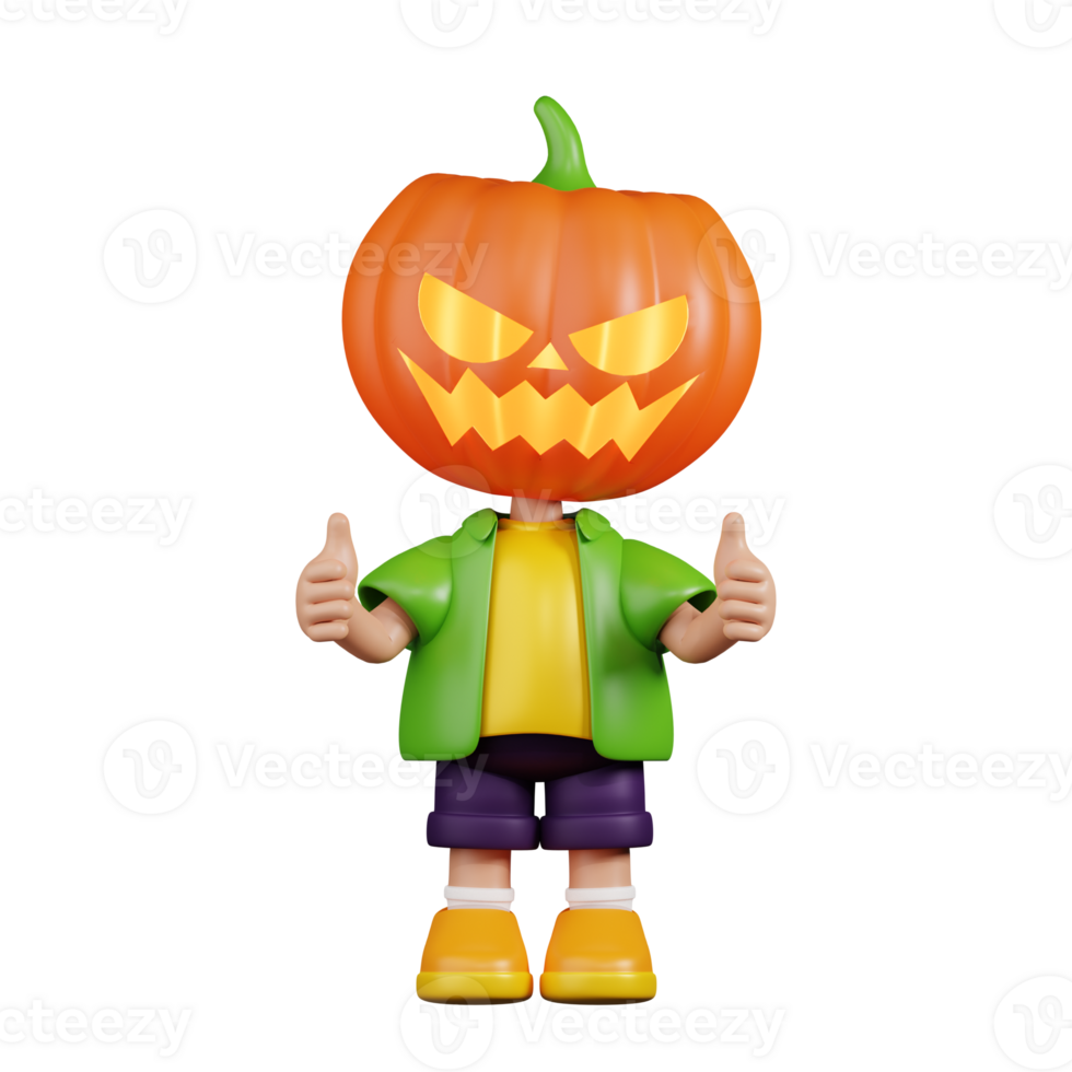 3d Character Pumpkin Giving A Thumb Up Pose. 3d render isolated on transparent backdrop. png
