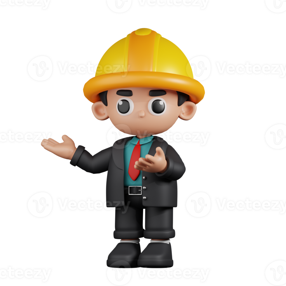 3d Character Engineer Presenting Pose. 3d render isolated on transparent backdrop. png