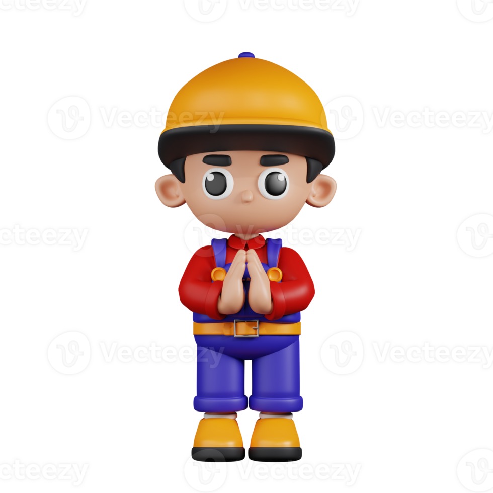 3d Character Mechanic Apologizing Pose. 3d render isolated on transparent backdrop. png