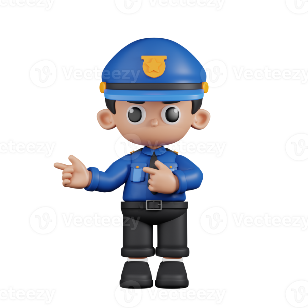 3d Character Policeman Pointing Fingers In Direction Pose. 3d render isolated on transparent backdrop. png