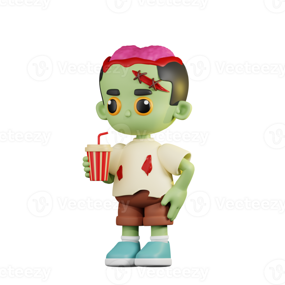 3d Character Zombie With A Cup Of Soda Drink Pose. 3d render isolated on transparent backdrop. png