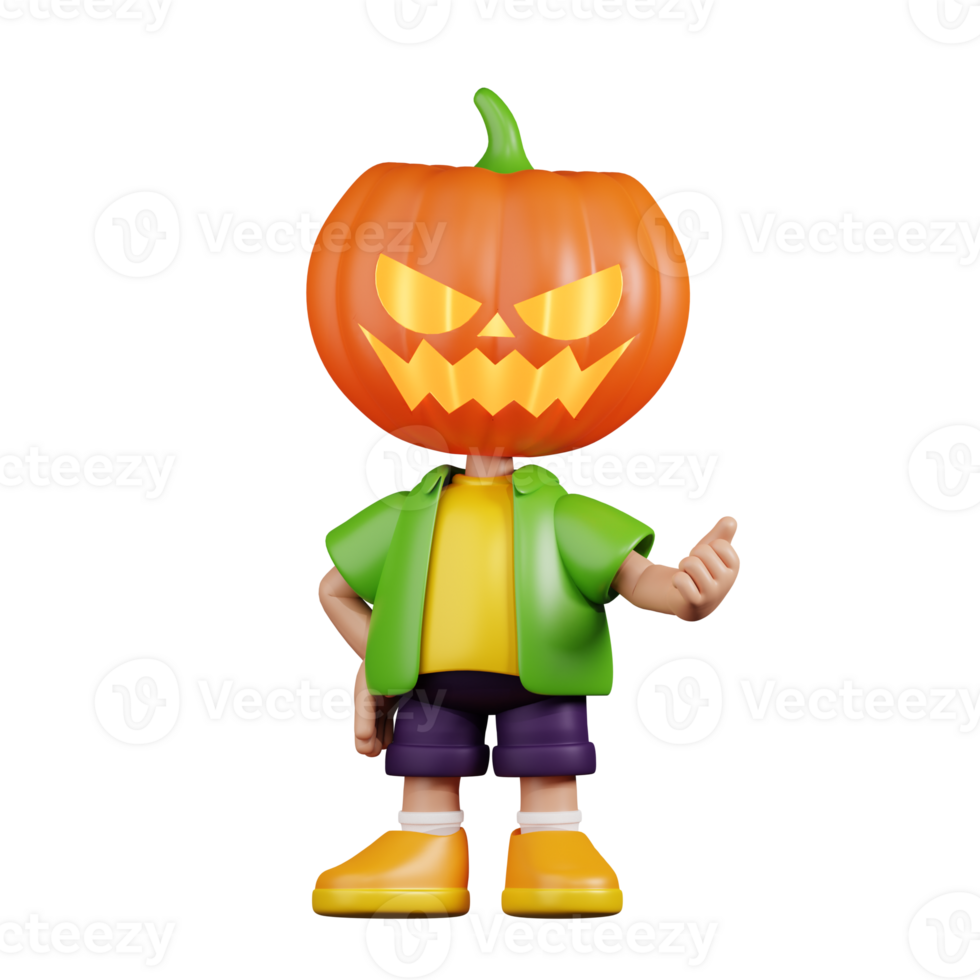 3d Character Pumpkin Pointing Next Pose. 3d render isolated on transparent backdrop. png