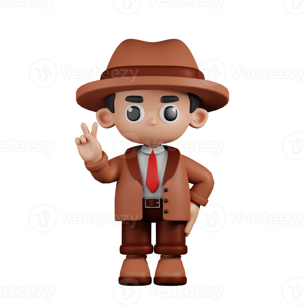 3d Character Detective Showing Peace Sign Pose. 3d render isolated on transparent backdrop. png