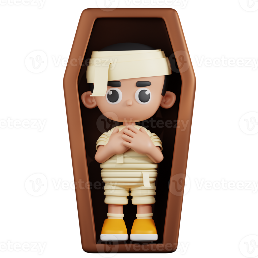 3d Character Mummy On a Coffin Pose. 3d render isolated on transparent backdrop. png