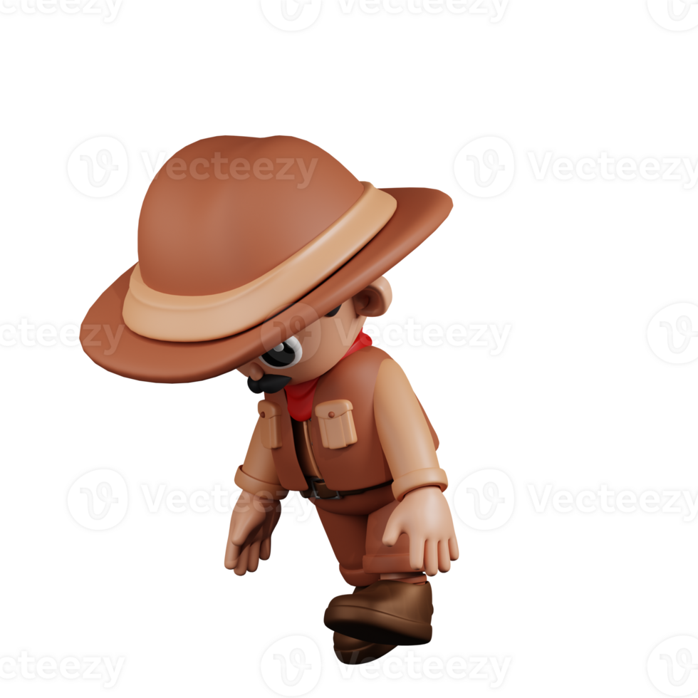 3d Character Cowboy Tired Walk Pose. 3d render isolated on transparent backdrop. png
