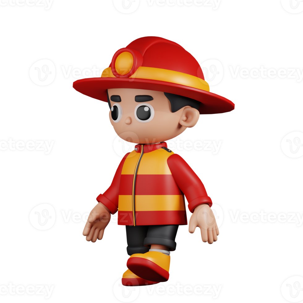 3d Character Firefighter Walking Pose. 3d render isolated on transparent backdrop. png