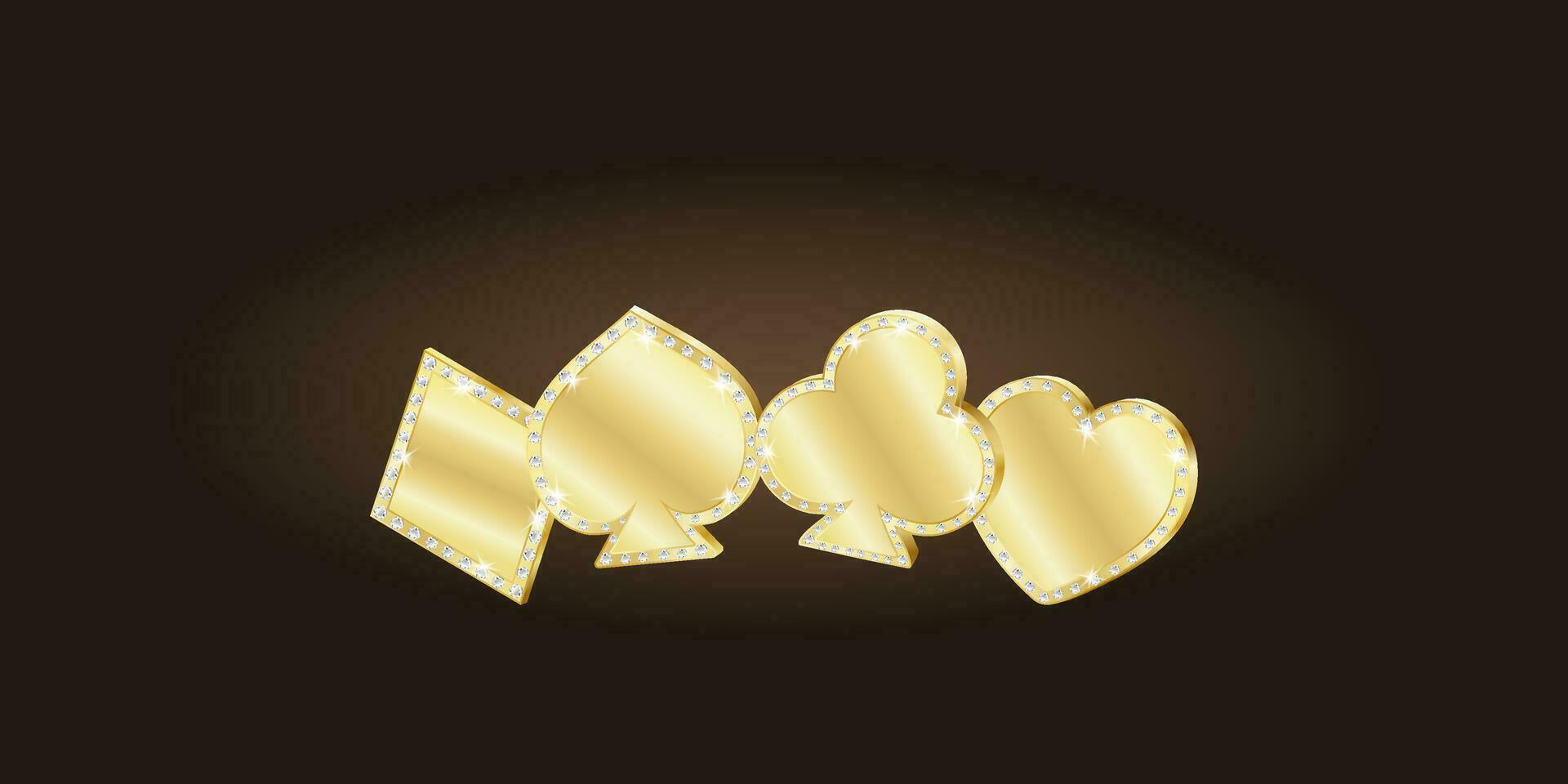 Golden suits of playing cards are arranged in a row on a dark background, decorated with diamonds. Hearts, Diamonds, Clubs, Spades. vector