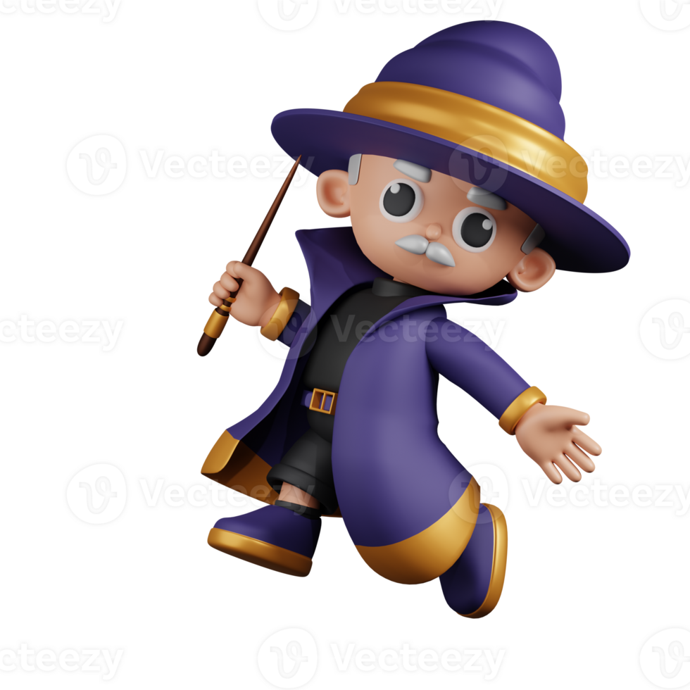 3d Character Wizard Happy Jumping Pose. 3d render isolated on transparent backdrop. png