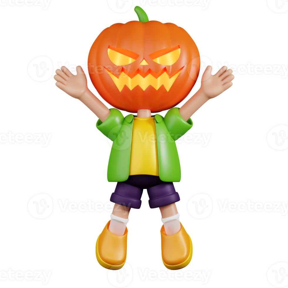 3d Character Pumpkin Jumping Celebration Pose. 3d render isolated on transparent backdrop. png