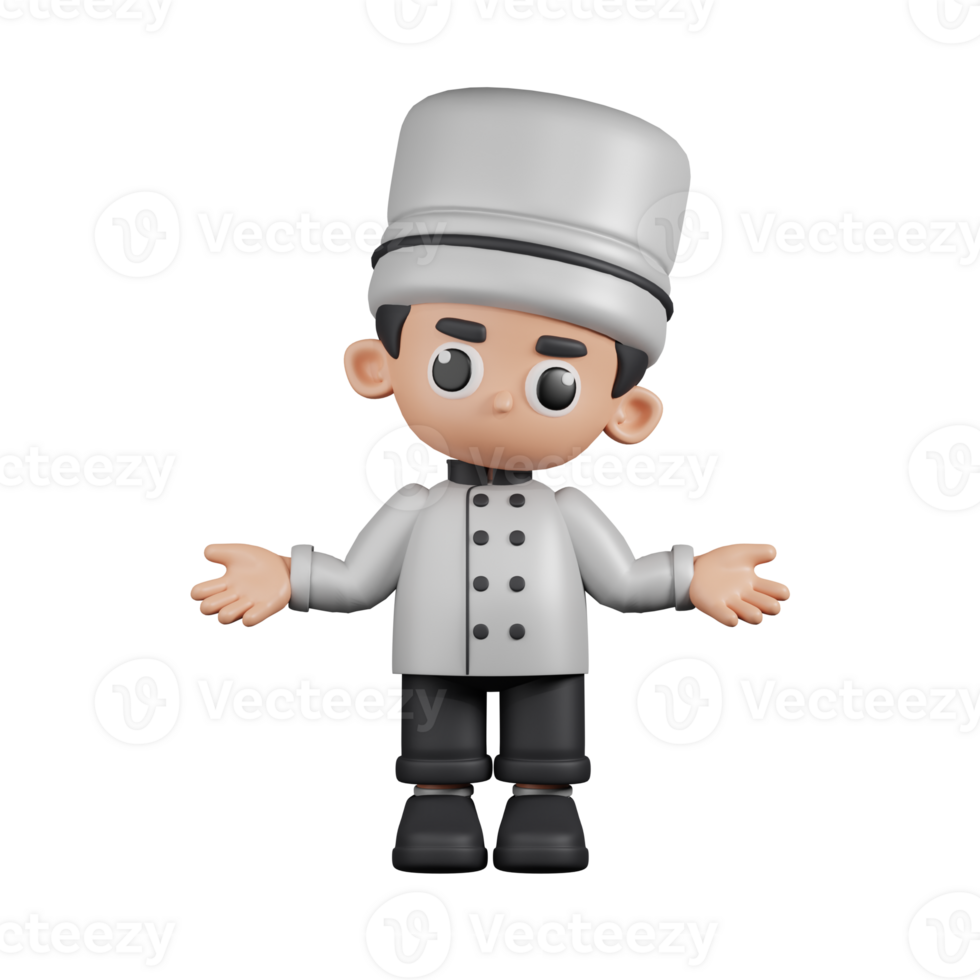 3d Character Chef Doing The No Idea Pose. 3d render isolated on transparent backdrop. png